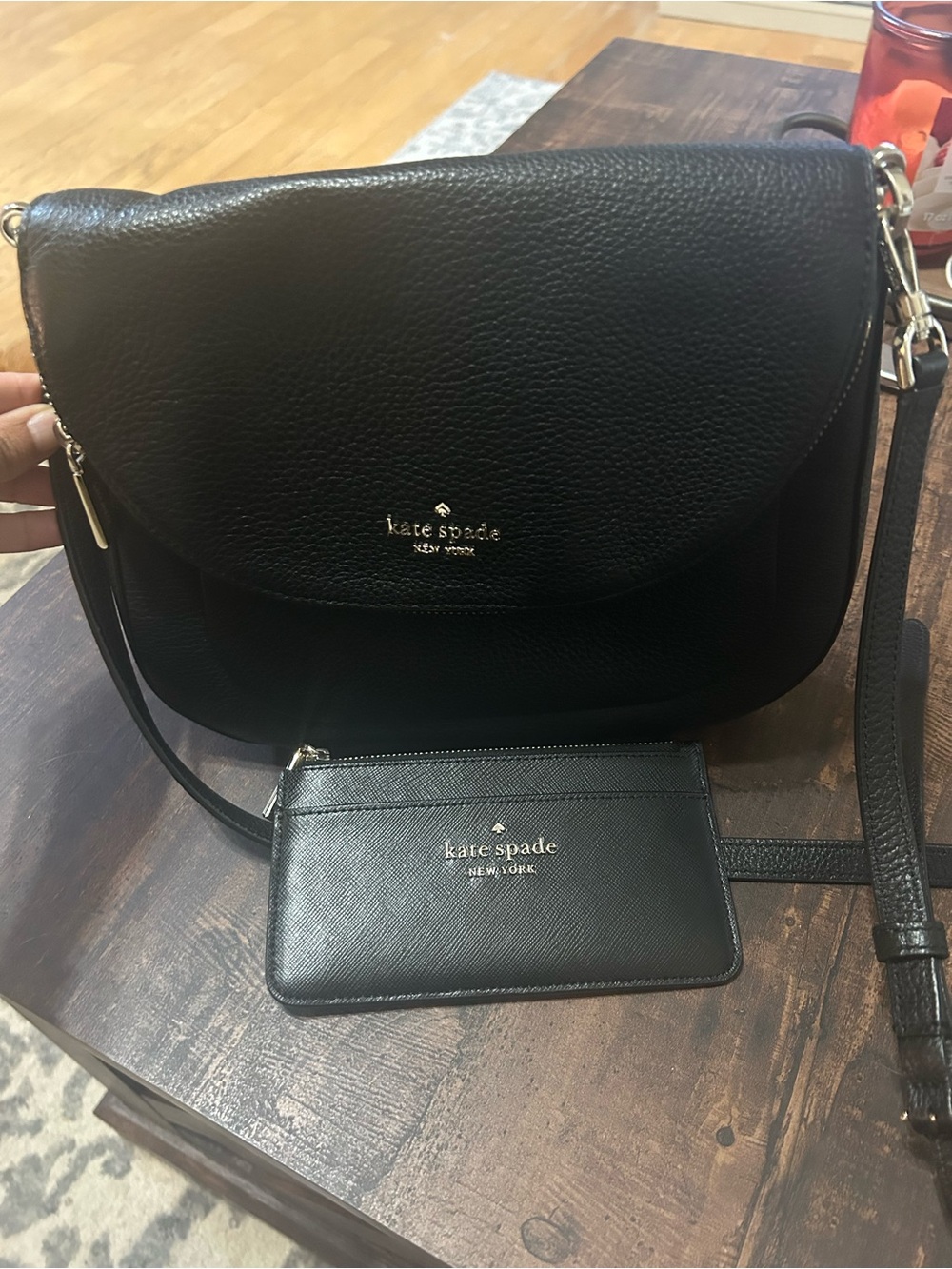 kate spade black leather crossbody with matching card pouch